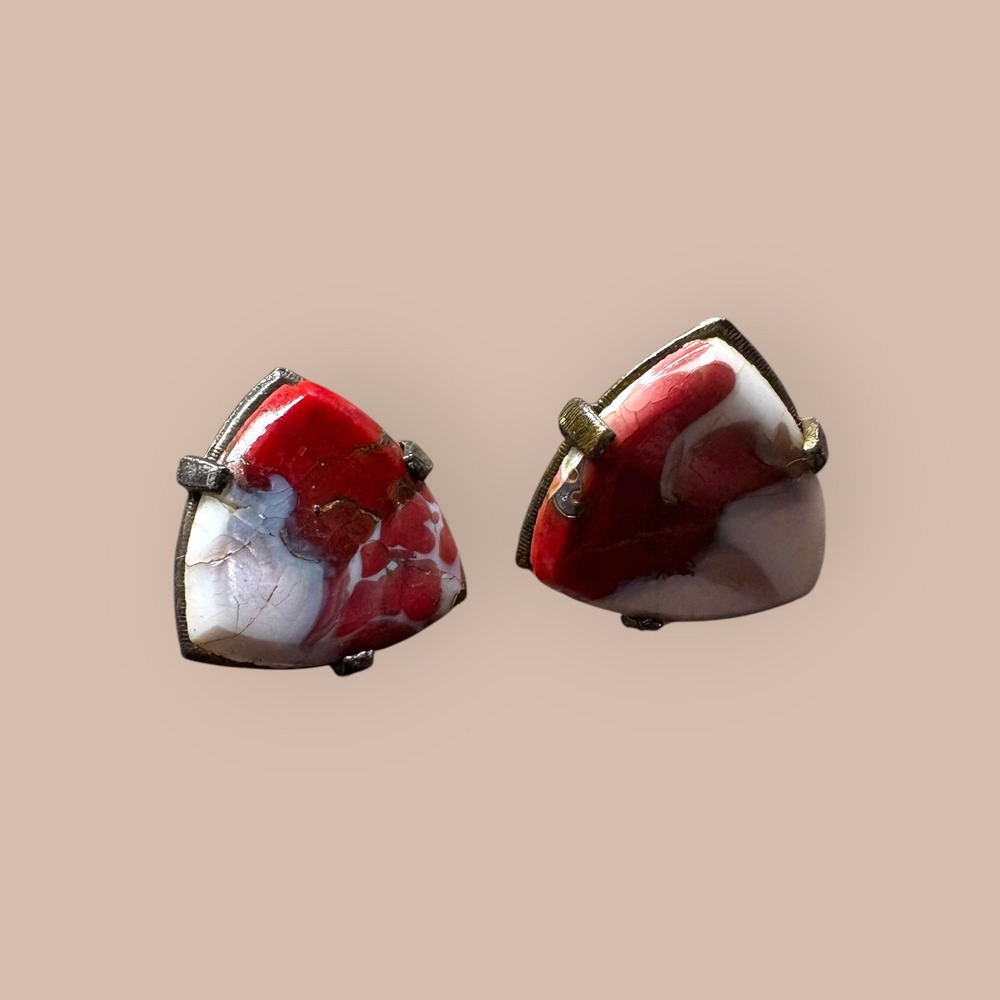 Vintage Screwback Earrings Jasper Stone Red White Excellent Triangular Retro